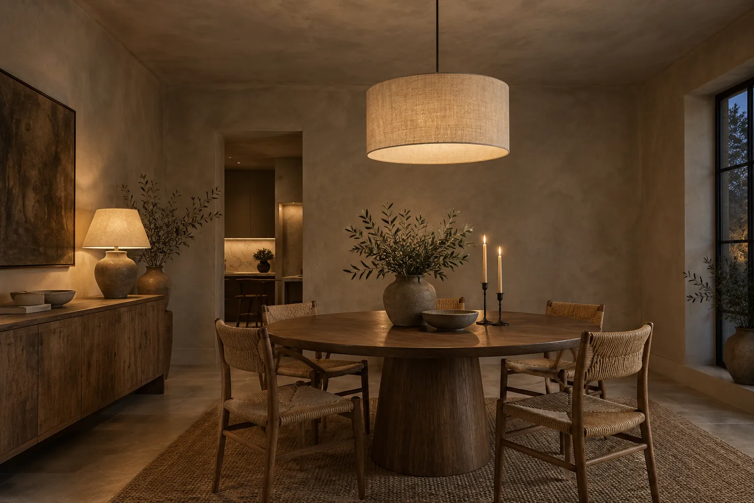 Dining room with walls and ceiling in deep mushroom limewash