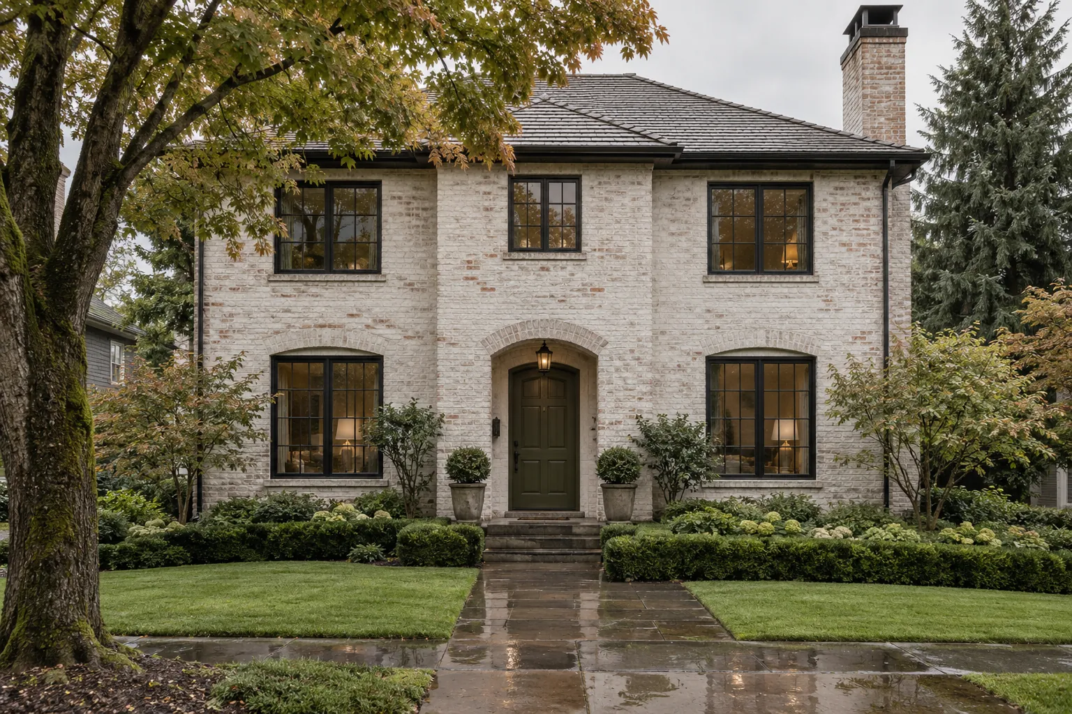 Two-story brick house limewashed soft warm white beside evergreen trees
