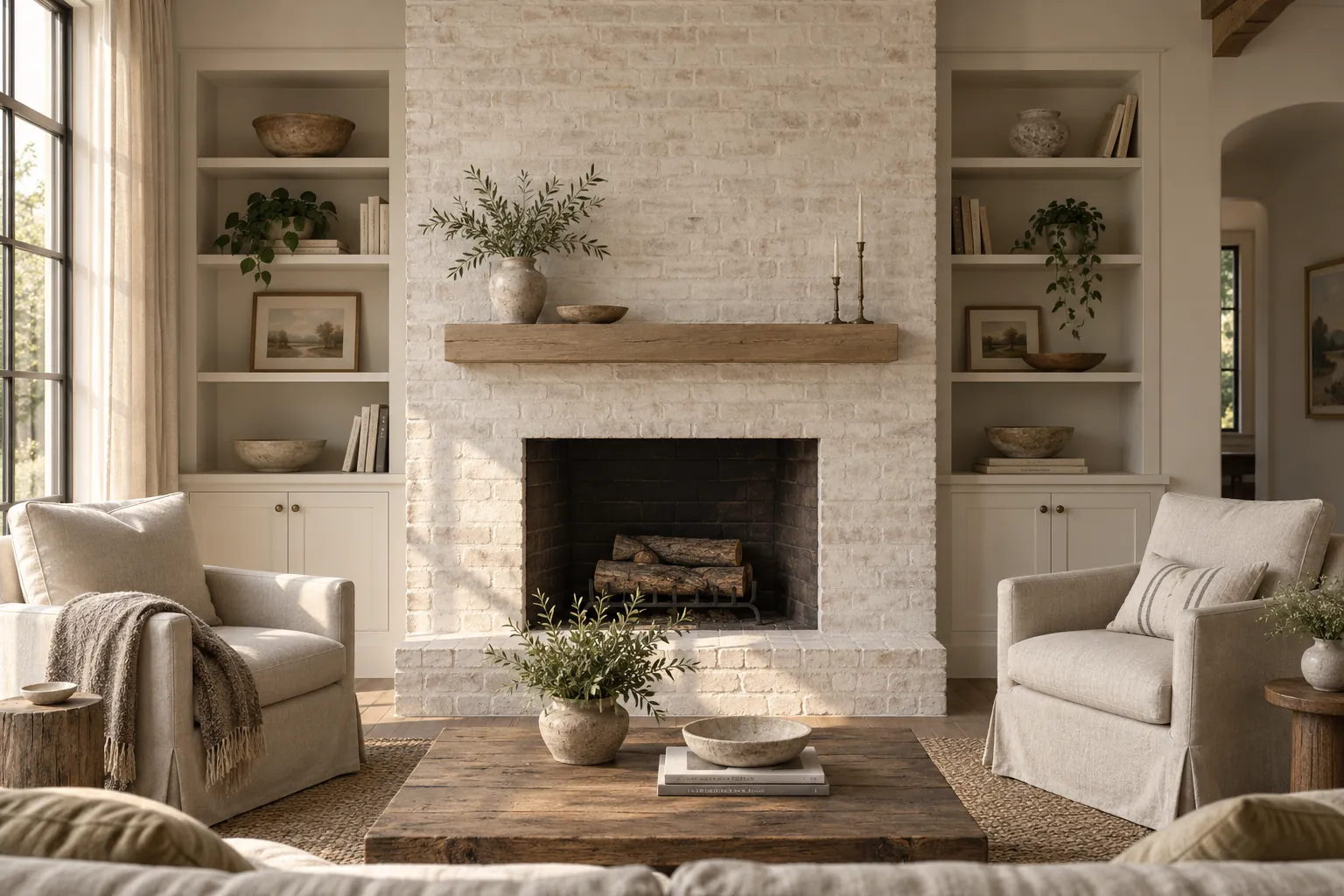 Brick fireplace limewashed chalky warm white between built-in shelves