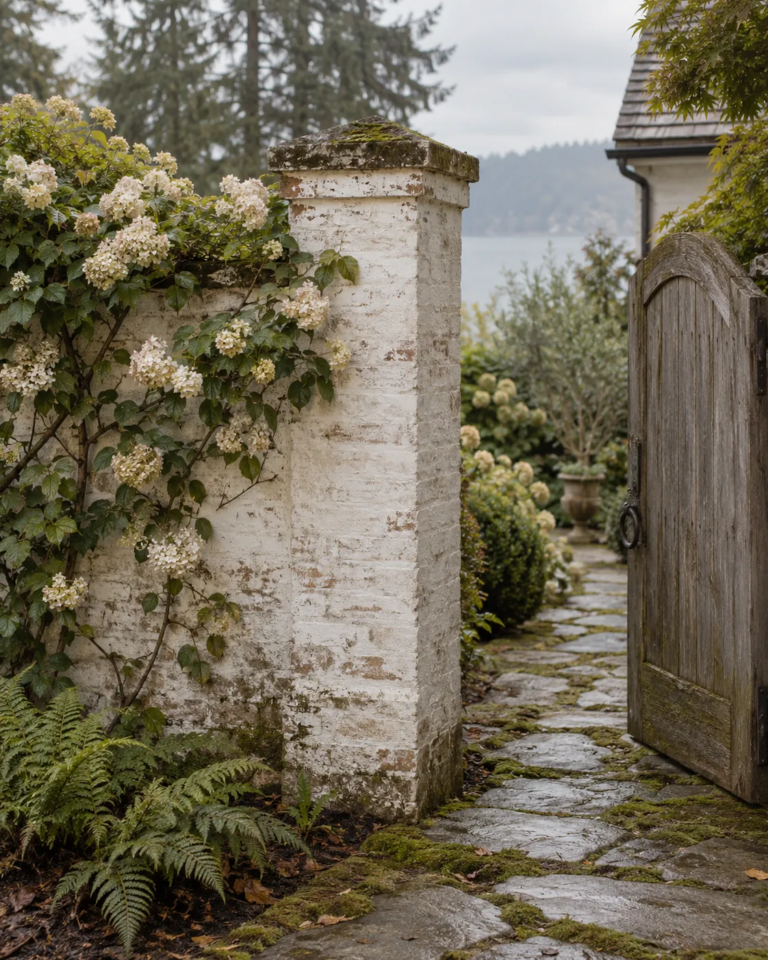 Brick garden pier limewashed white beside climbing hydrangea