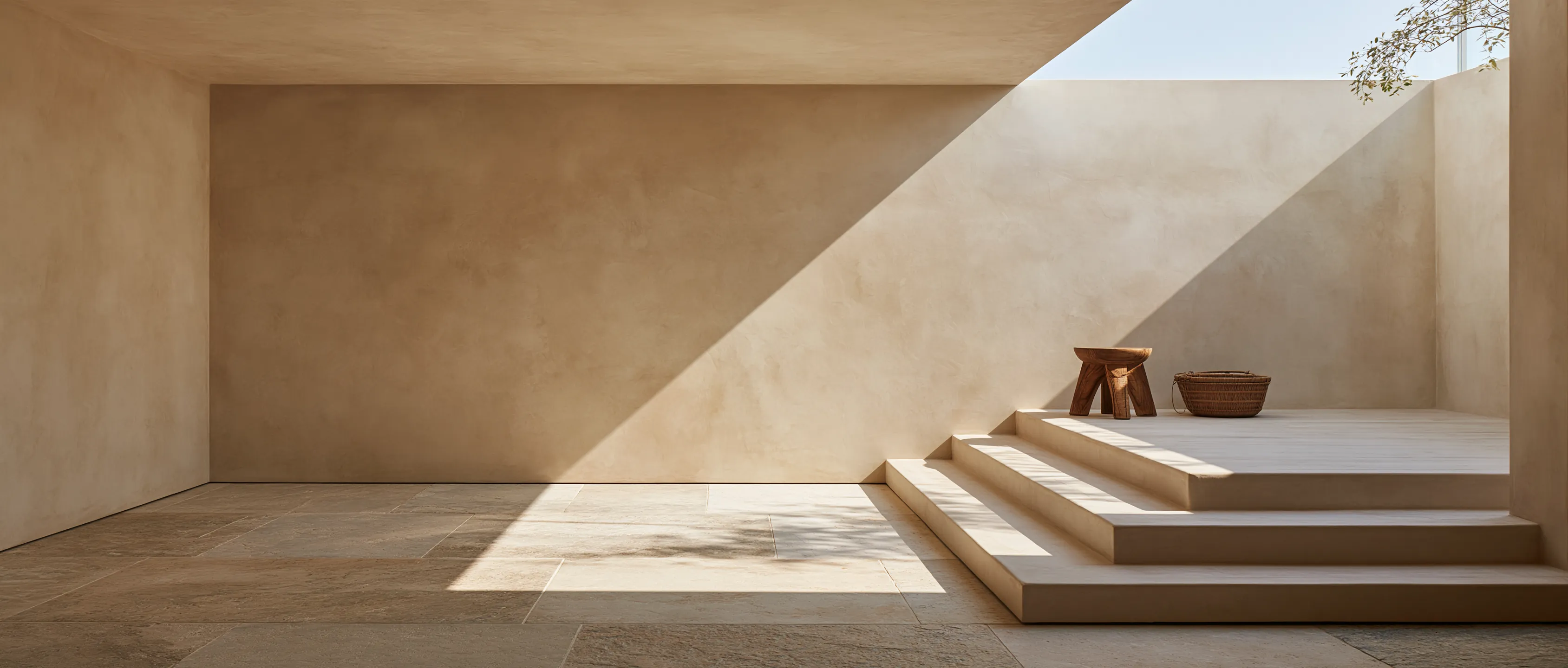 A sand-colored limewashed courtyard with low plaster steps, a wooden stool and a basket in bright sun