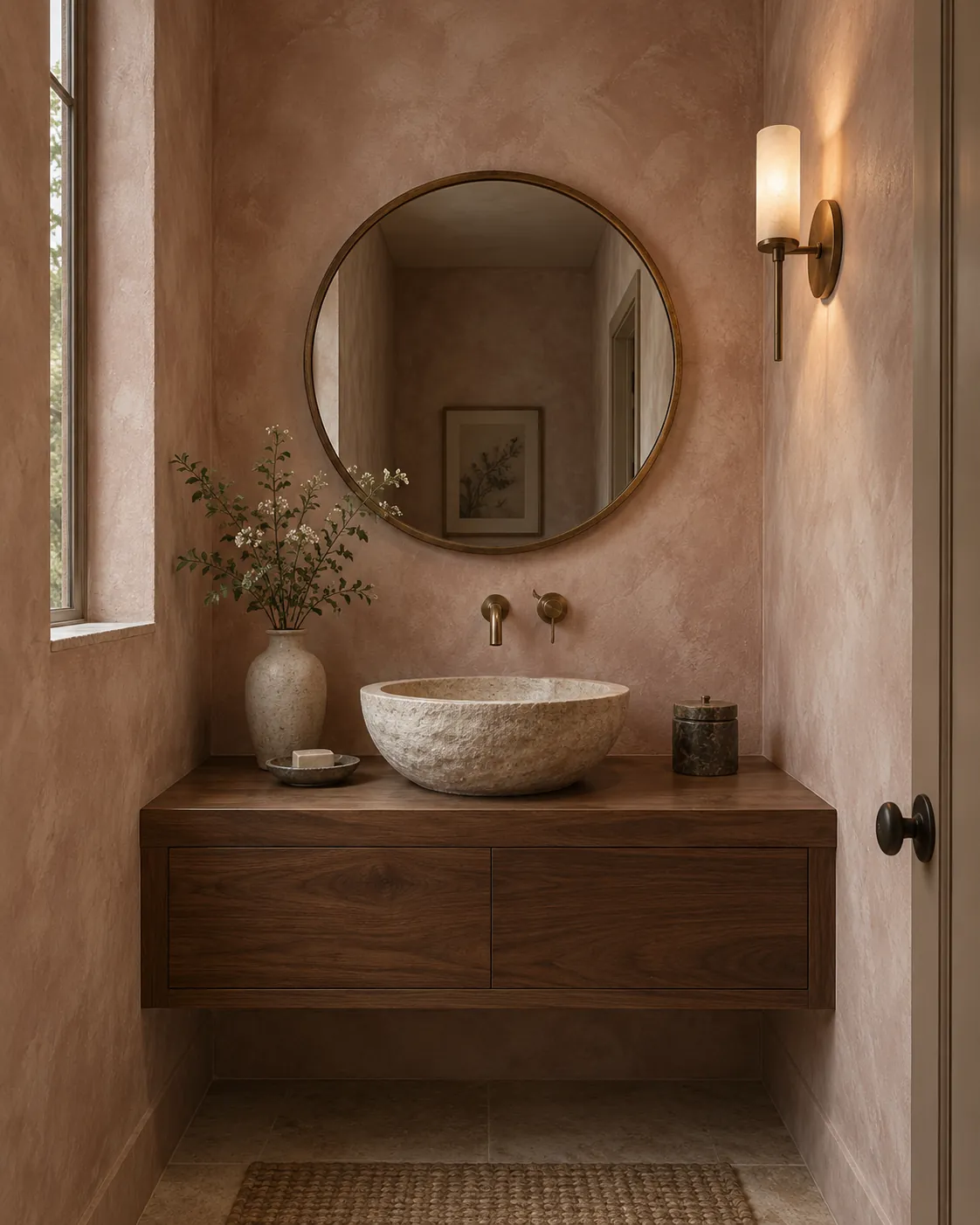 Powder room with clay-pink limewash walls and a carved stone basin