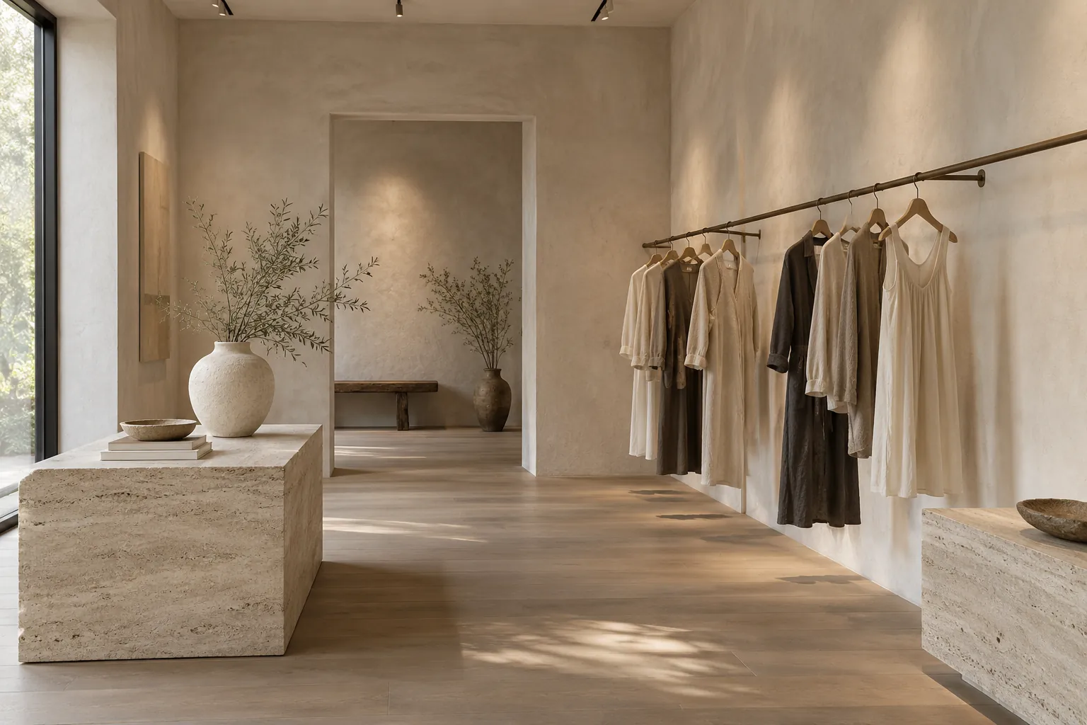Boutique interior with pale clay limewash walls and a travertine display