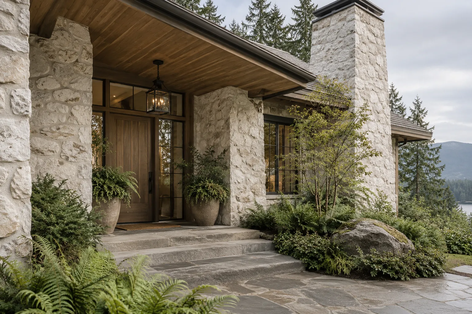 Fieldstone entrance and chimney limewashed soft bone white