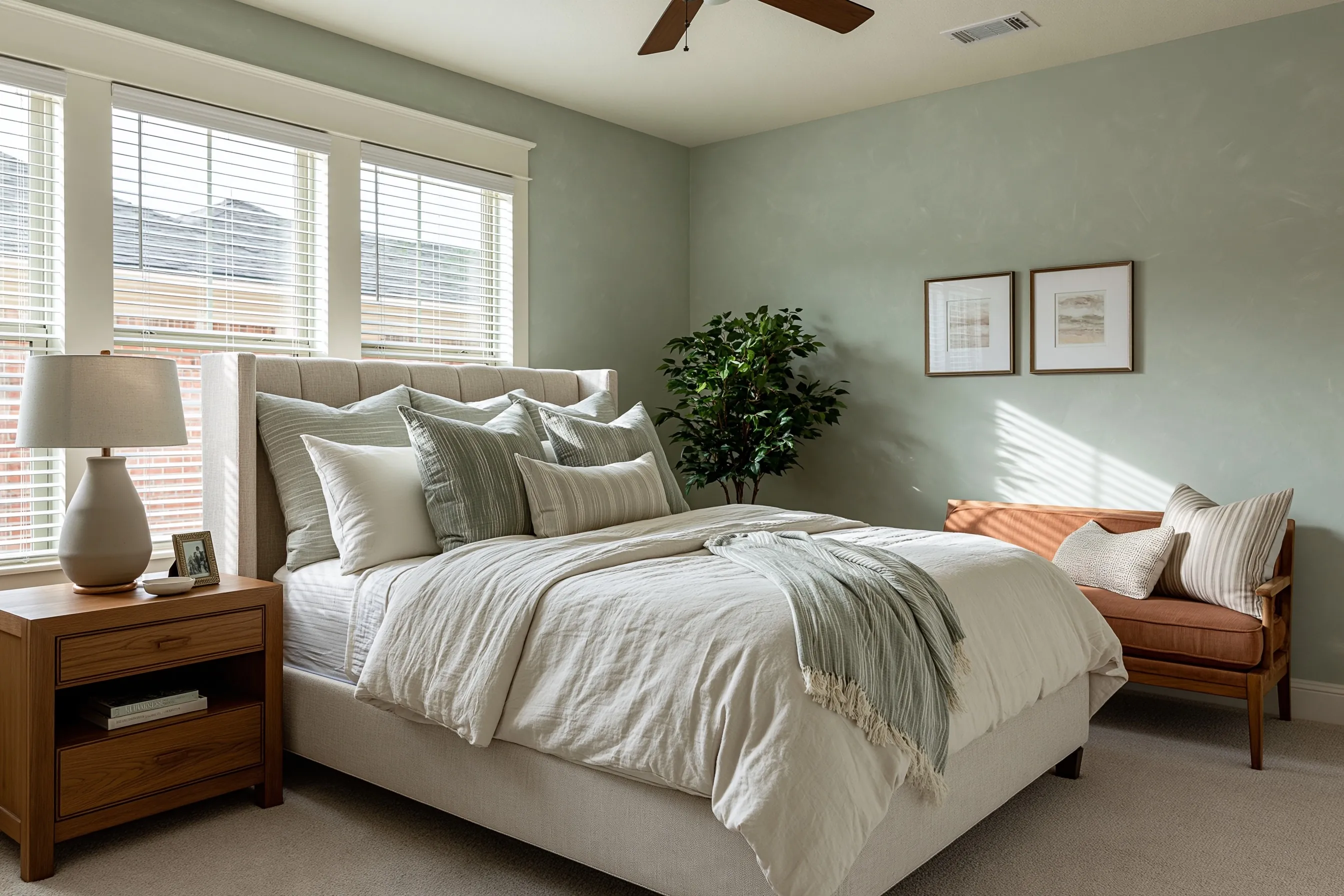 Main bedroom with pale sage limewashed walls, an upholstered bed and an oak nightstand with a lamp
