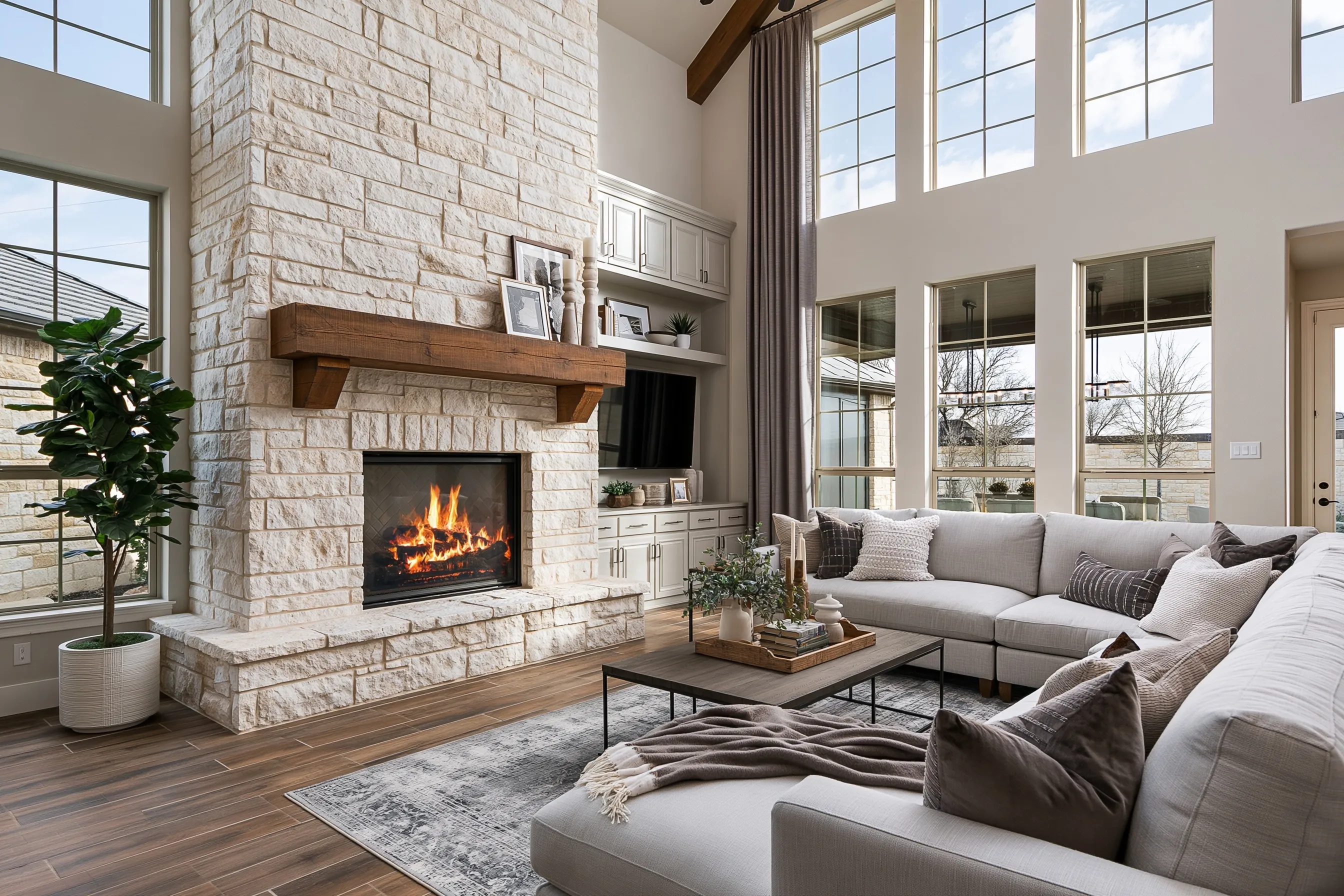 Two-story great room with a tall cream limestone fireplace limewashed warm white, a wood beam mantel and a long raised stone hearth