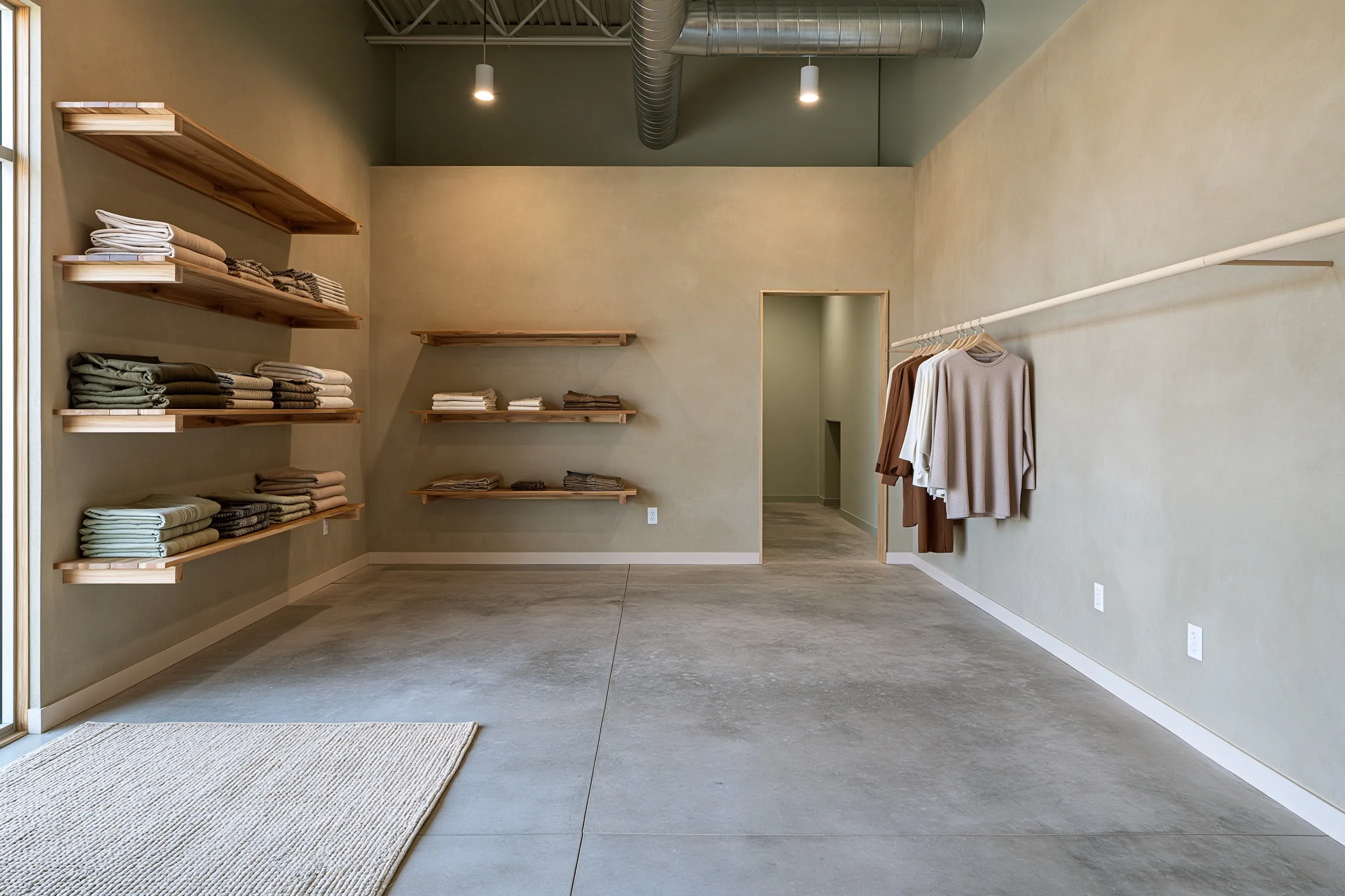 Boutique with tall soft greige limewashed walls, wooden wall shelves of folded textiles, a long hanging rail and a concrete floor