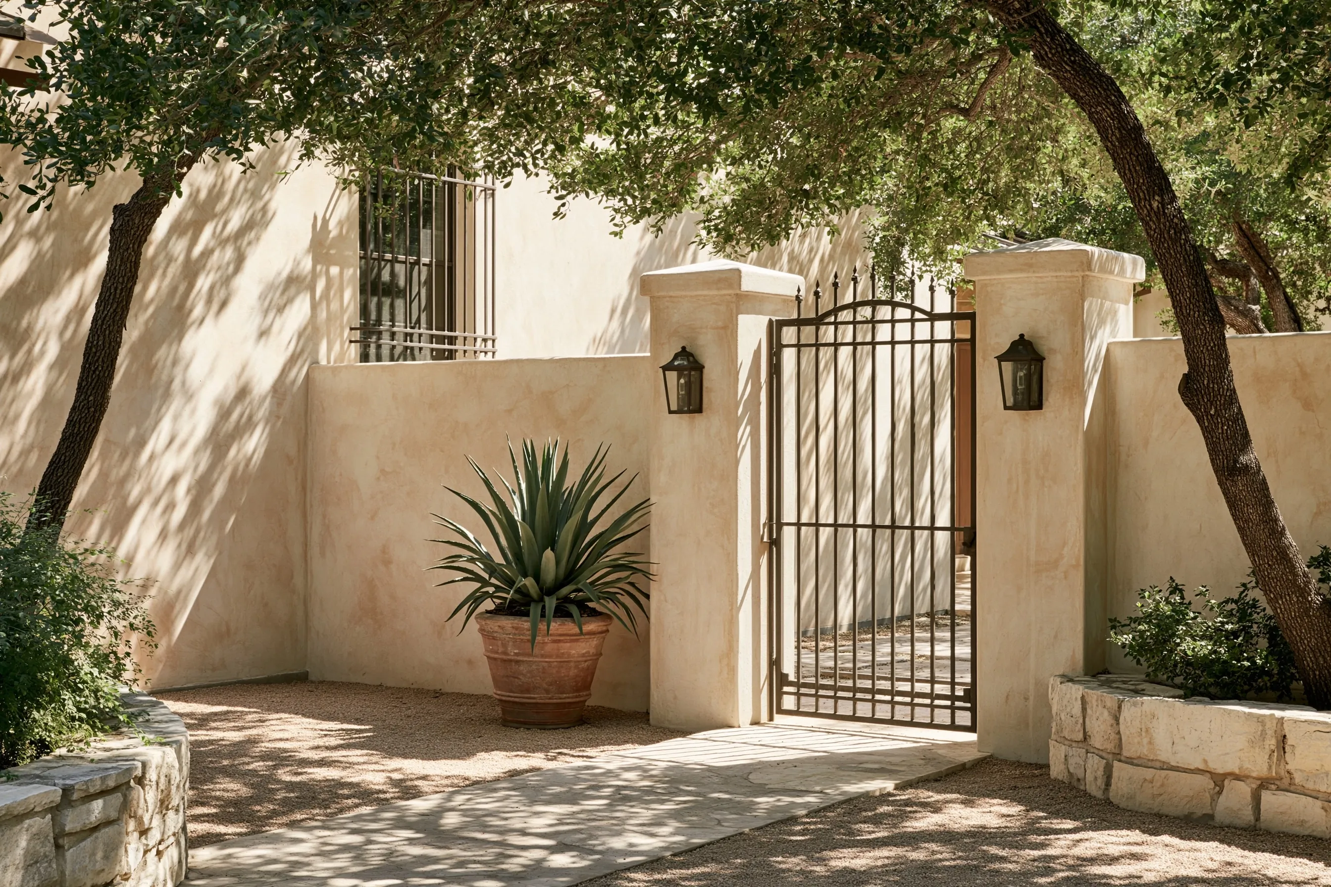 Stucco courtyard wall and two gate piers limewashed sandy beige, with a metal gate, a potted agave and a gravel path under live oaks